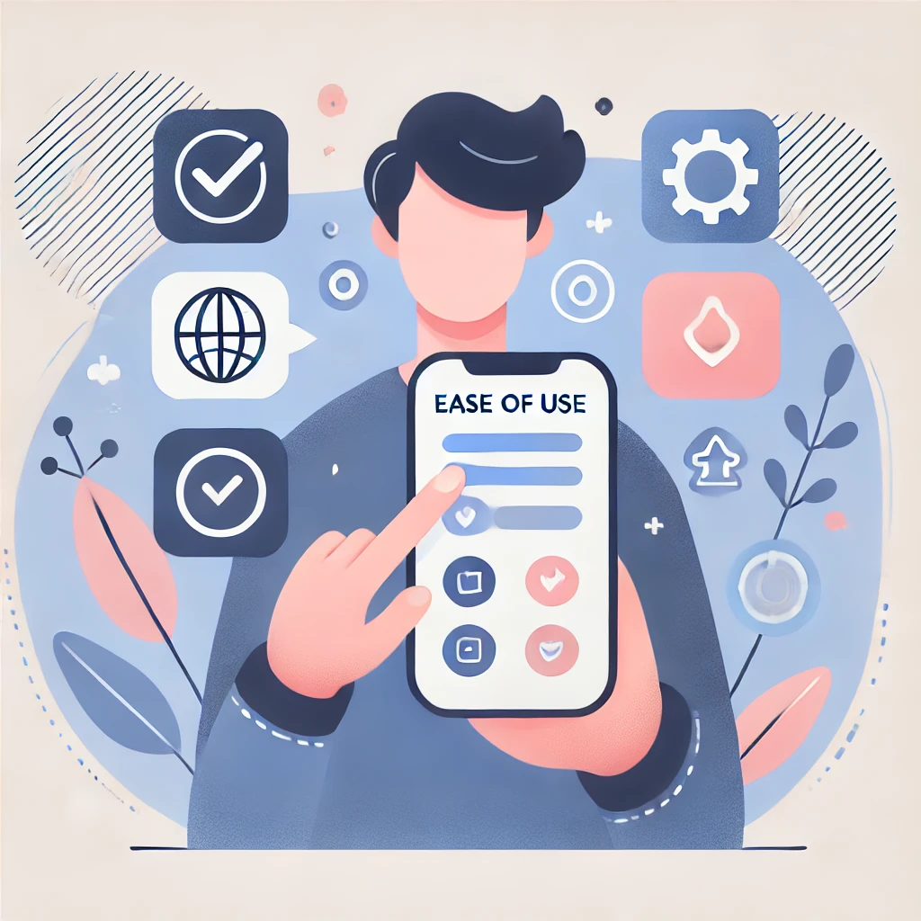 DALL·E 2025-03-13 12.49.42 - A simple and clean digital illustration representing 'Ease of Use'. A person using a mobile app with an intuitive interface, with icons showing user-f
